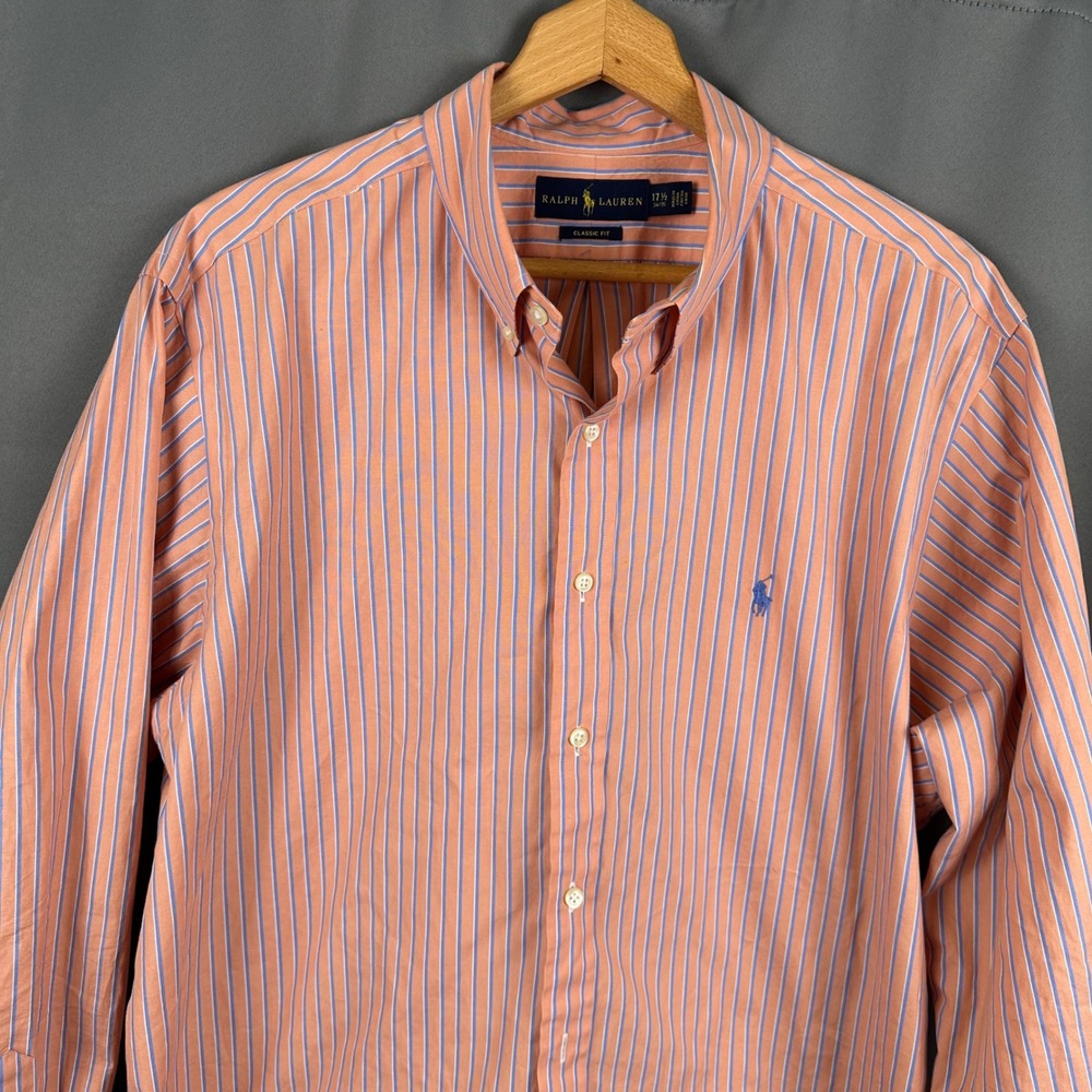 Ralph Lauren Mens Classic Fit Striped Button Down Shirt Orange Blue 17.5 34/35 - Picture 2 of 8